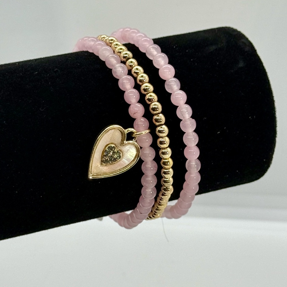 Spring Street The‎ Collection Pink Gold Beaded Heart Charm Stretch Bracelet Set